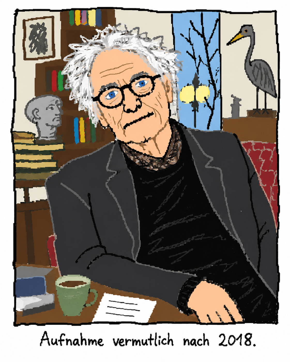 Illustriertes Porträt von Klaus W. von Wursti mit der Beschriftung Aufnahme vermutlich nach 2018