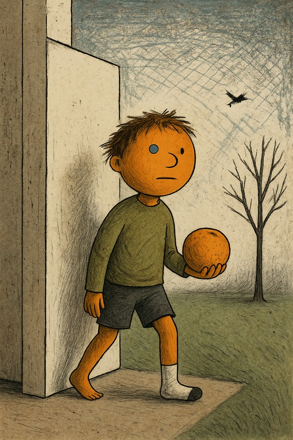Max verlässt mit einer Orange in der Hand das Haus