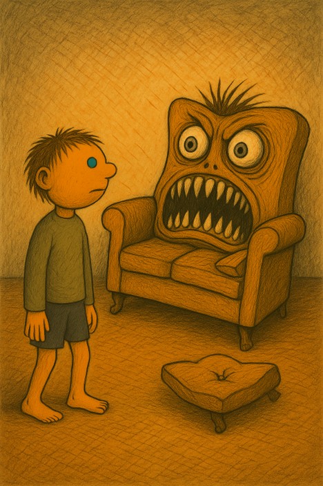 Max steht vor einem Sofa mit Augen und einem großen gezähnten Mund